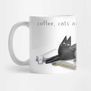 Cartoon black cat on a book and the inscription "Books, cats and coffee". Mug